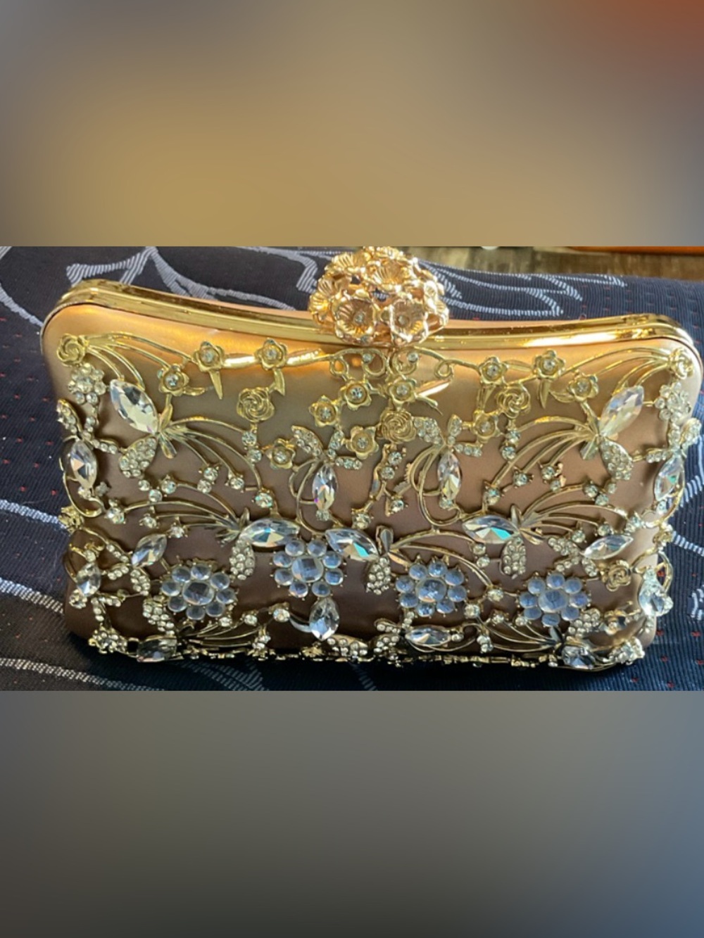 Gold Jeweled Floral Evening Clutch Adorned with Rhinestones. 3 in One Bag Style